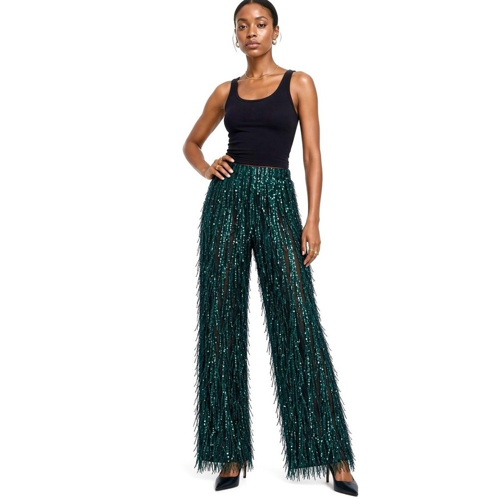 Anthropologie Maeve Sequin Fringe Pants 2P Disco 70s Holiday Party Wide Leg Crop